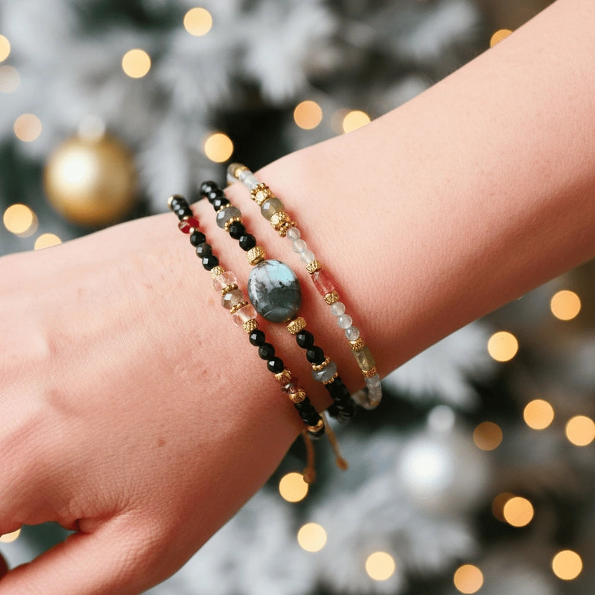 GINANDGER, BHOOMI SUTRA ARMBAND - TURMALIN, MOOSACHAT & LABRADORIT