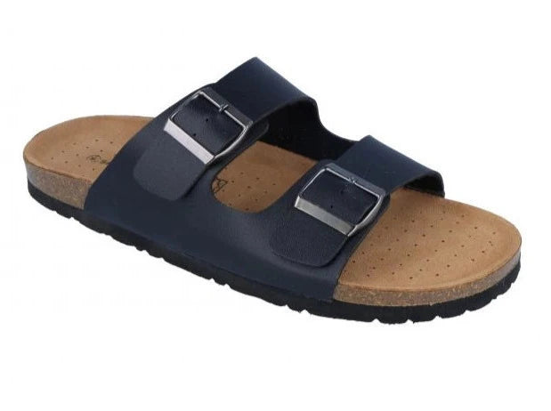 Zimt-Kork Sandale mit zwei Riemen, schwarz