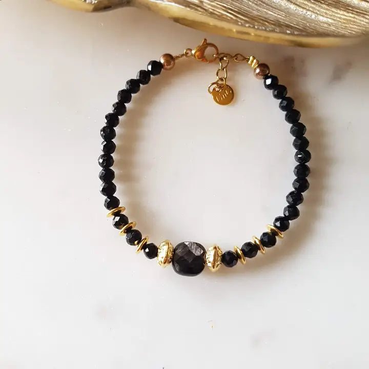 ✨GINANDGER, ARMBAND AUS SCHWARZEM TURMALIN & HYPERSTHEN