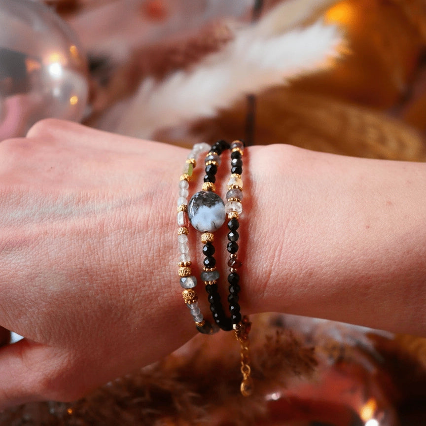 GINANDGER, BHOOMI SUTRA ARMBAND - TURMALIN, MOOSACHAT & LABRADORIT