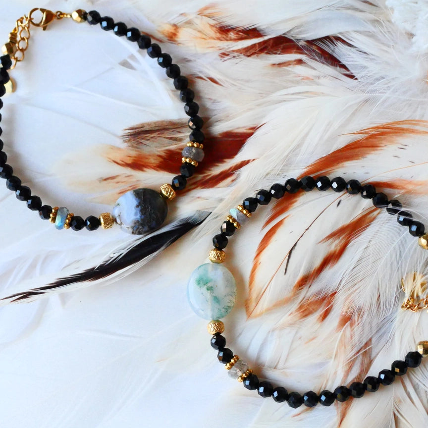 GINANDGER, BHOOMI SUTRA ARMBAND - TURMALIN, MOOSACHAT & LABRADORIT